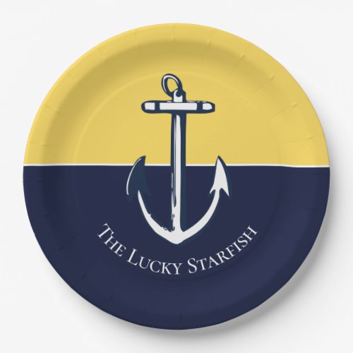 Nautical Navy Mustard Yellow Anchor beach house Paper Plates