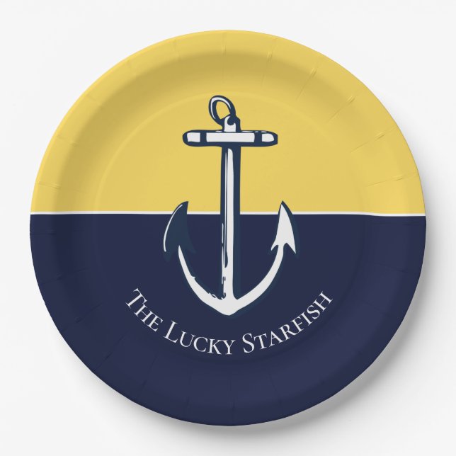 Nautical Navy Mustard Yellow Anchor beach house Paper Plates (Front)