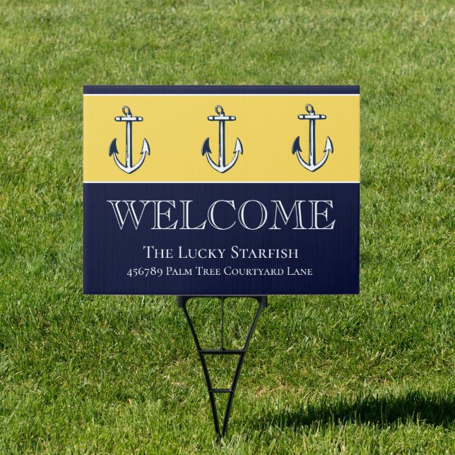 Nautical Navy Mustard Yellow Anchor beach house Sign (Insitu)