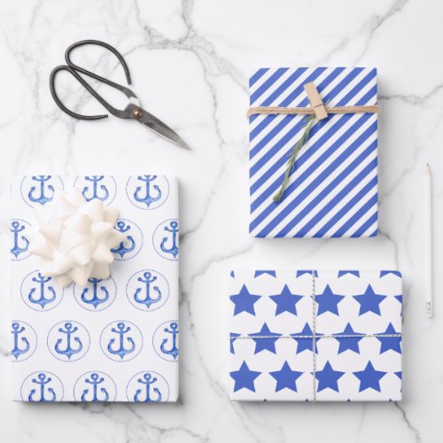 Nautical Navy Patterns Anchors Stripes  Stars Wrapping Paper Sheets