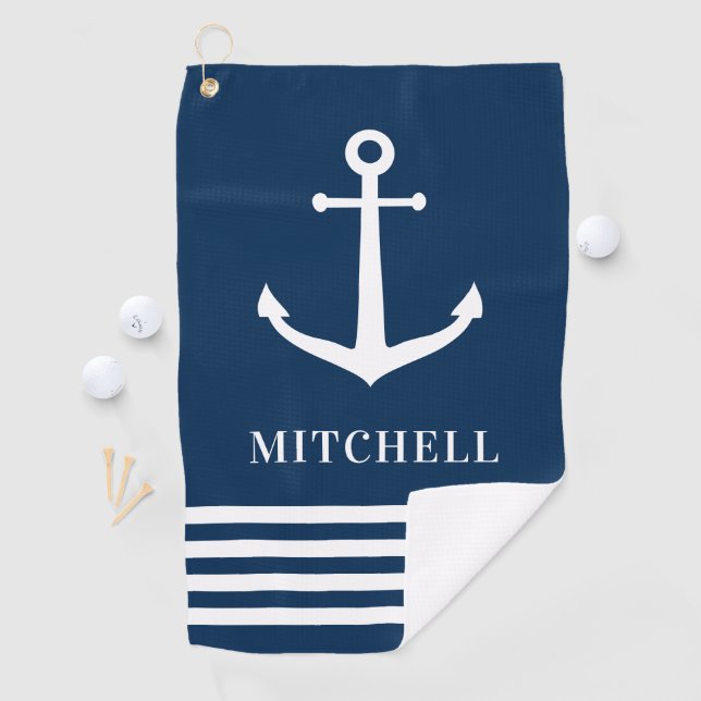 Nautical Navy Personalized Name Boat Anchor Golf Towel (InSitu)