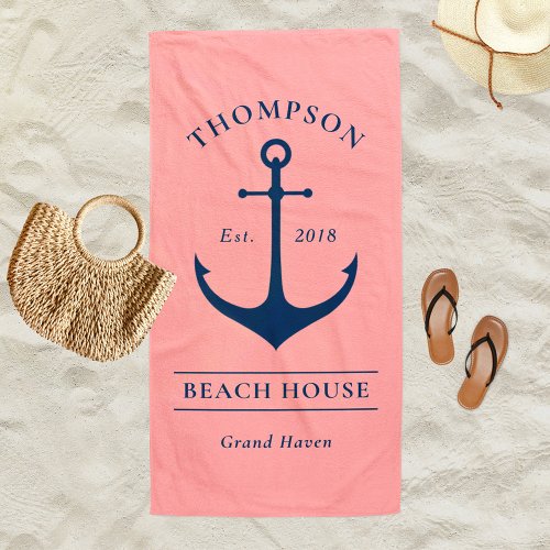 Nautical Navy Pink Anchor Custom Vacation Home Beach Towel