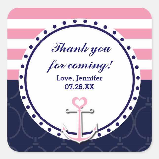 Nautical Navy Pink Anchor Party Favor Sticker (Front)
