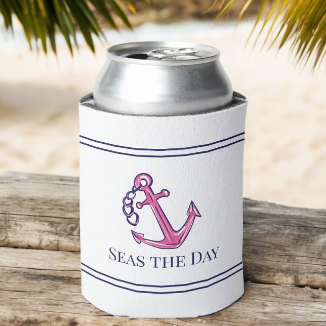 Nautical Navy Pink Anchor Preppy Boat Name  Can Cooler (Creator Uploaded)