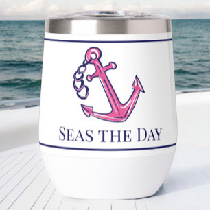 Nautical Navy Pink Anchor Preppy Boat Name  Thermal Wine Tumbler