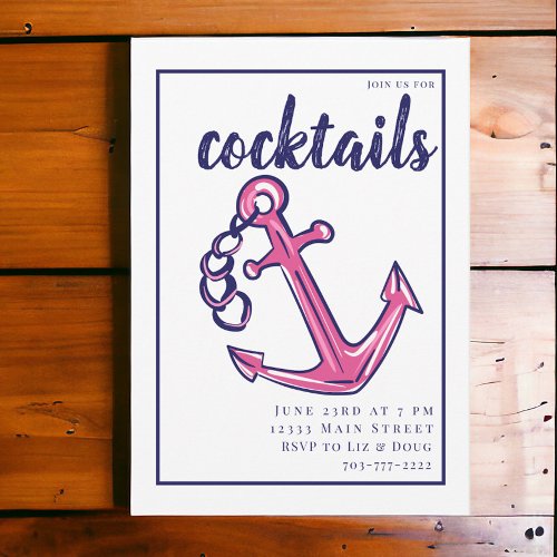 Nautical Navy Pink Anchor Preppy Cocktail Party  Invitation