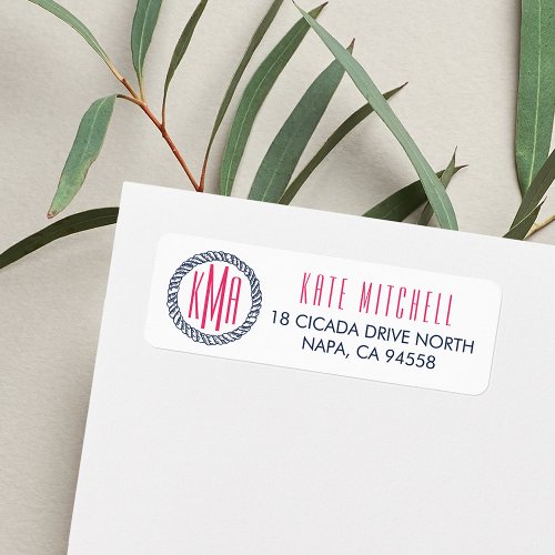 Nautical Navy  Pink Monogram Return Address Label