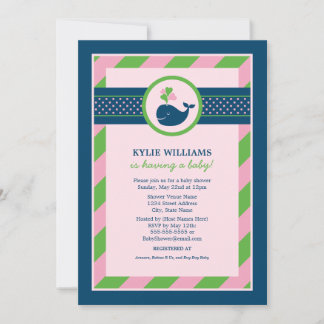 Nautical Navy Pink Whale Baby Girl Shower Invitation