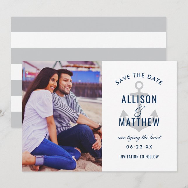 Nautical Navy Platinum Gray Anchor Wedding Photo Save The Date (Front/Back)