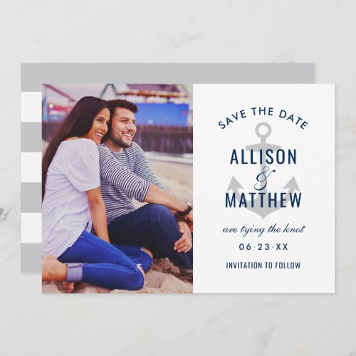 Nautical Navy Platinum Gray Anchor Wedding Photo Save The Date