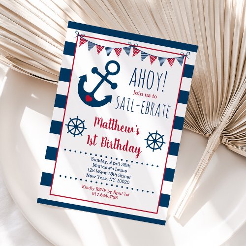 Nautical Navy  Red Anchor Boy Birthday Invitation