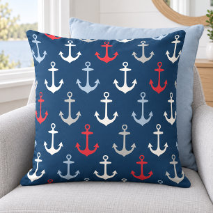 Nautical Navy Red Anchor Pattern Outdoor Pillow