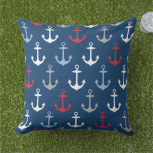 Nautical Navy Red Anchor Pattern Outdoor Pillow