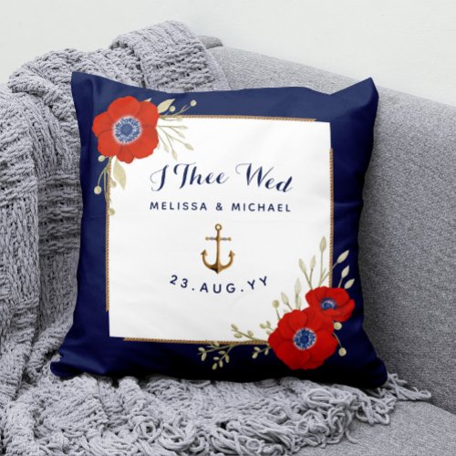 Nautical Navy  Red Anemones Ring Bearer Throw Pillow