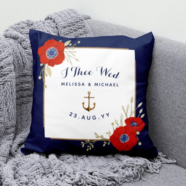 Nautical Navy & Red Anemones Ring Bearer Throw Pillow (Dated Nautical Wedding Ring Bearer Keepsake Pillow with Watercolor Red Anemone and Anchor)