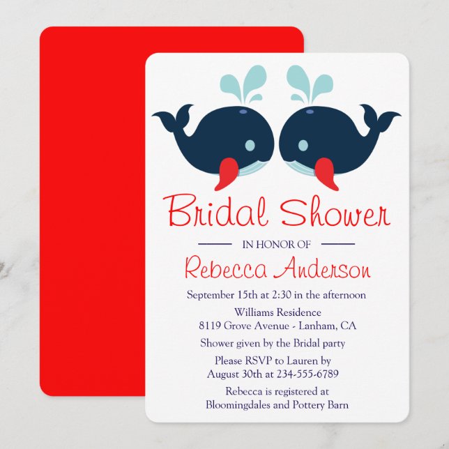 Nautical Navy Red Bridal Shower Whales Wedding Invitation (Front/Back)