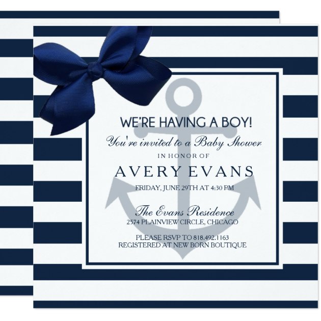 Nautical Navy Ribbon Anchor It's A Boy Baby Shower Invitation