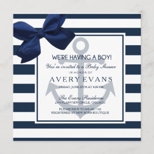 Nautical Navy Ribbon Anchor It's a Boy Baby Shower Invitation