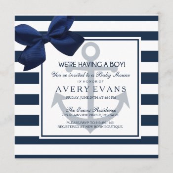 Nautical Navy Ribbon Anchor It's A Boy Baby Shower Invitation by GreenLeafDesigns at Zazzle