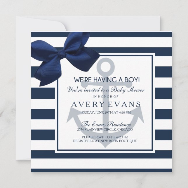 Nautical Navy Ribbon Anchor It's a Boy Baby Shower Invitation (Front)