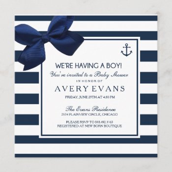 Nautical Navy Ribbon Anchor It's A Boy Baby Shower Invitation by GreenLeafDesigns at Zazzle