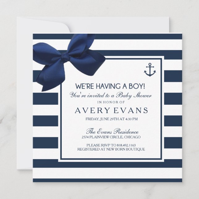 Nautical Navy Ribbon Anchor It's a Boy Baby Shower Invitation (Front)