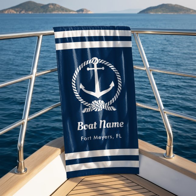 Nautical Navy Rope Anchor Boat Name Beach Towel (Creator Uploaded)