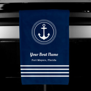 Nautical Navy Rope Anchor Custom Boat Name Hand Towel