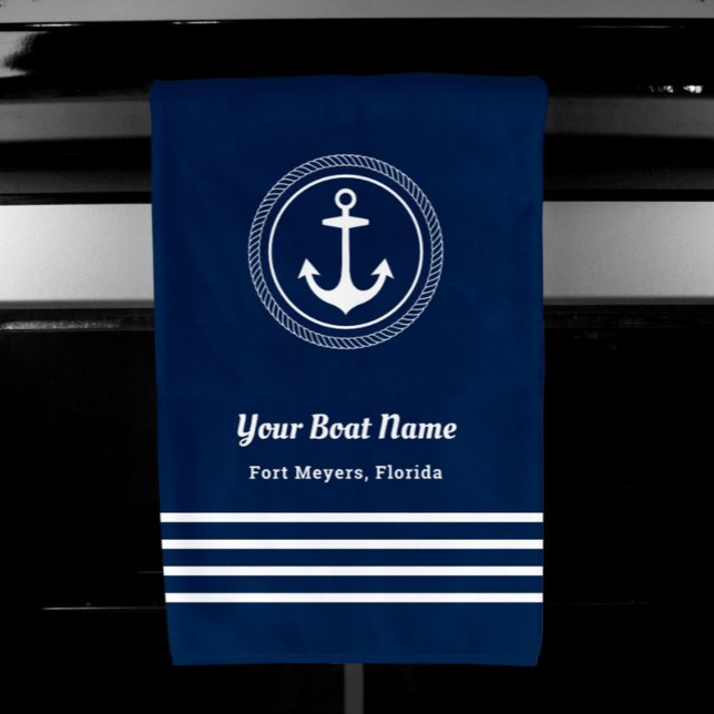 Nautical Navy Rope Anchor Custom Boat Name Hand Towel (Creator Uploaded)