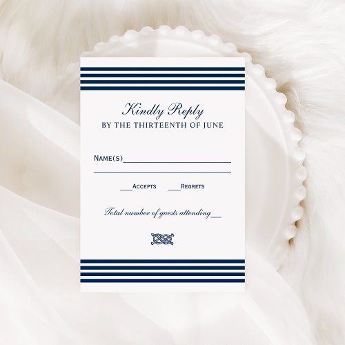 Nautical Navy Rope Knot Stripes Wedding RSVP Card