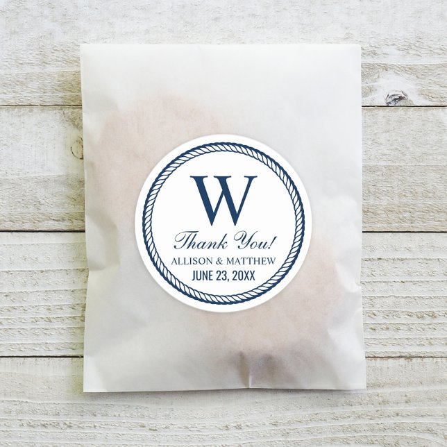 Nautical Navy Rope Monogram Wedding Classic Round Sticker (Creator Uploaded)