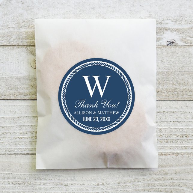 Nautical Navy Rope Monogram Wedding Classic Round Sticker (Creator Uploaded)