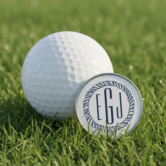 Nautical Navy Rope Three Initial Monogram Golf Ball Marker (Creator Uploaded)