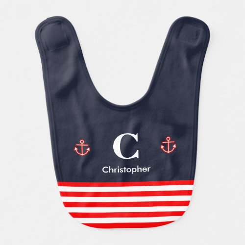 Nautical Navy Royal Red White Stripes Baby Bib