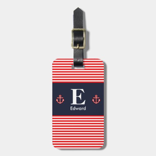 Nautical Navy Royal Red White Stripes Monogram Luggage Tag