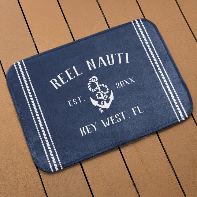 Nautical Navy Rustic Anchor | Your Boat Name Bath Mat (Creator Uploaded)