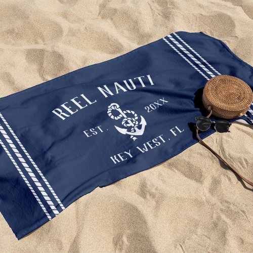 Nautical Navy Rustic Anchor  Your Boat Name Beach Towel