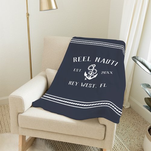 Nautical Navy Rustic Anchor  Your Boat Name Fleece Blanket