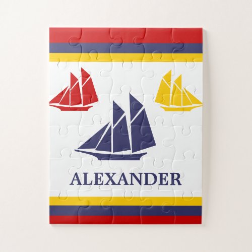 Nautical Navy sailboat blue yellow red white Jigsaw Puzzle