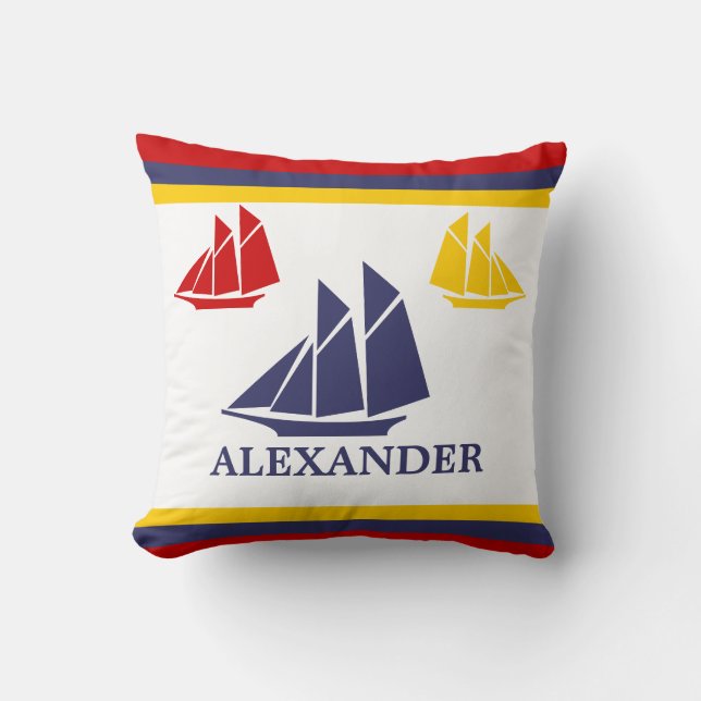 Nautical Navy sailboat blue yellow red white Throw Pillow (Front)