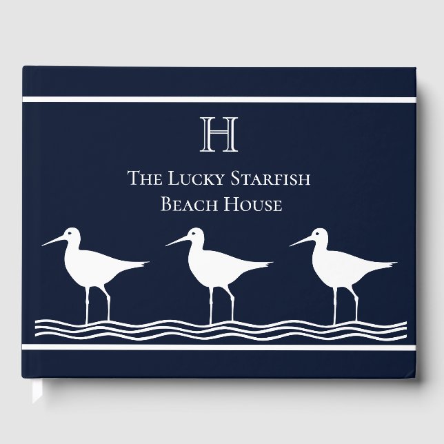 Nautical navy  Sand Pipers  Coastal Monogrammed Guest Book (Front)