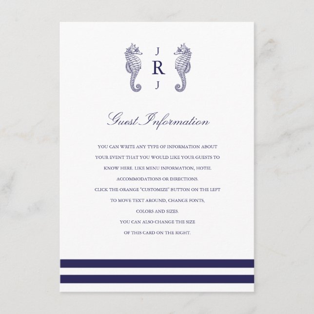 Nautical Navy Seahorse Wedding Insert (Front)