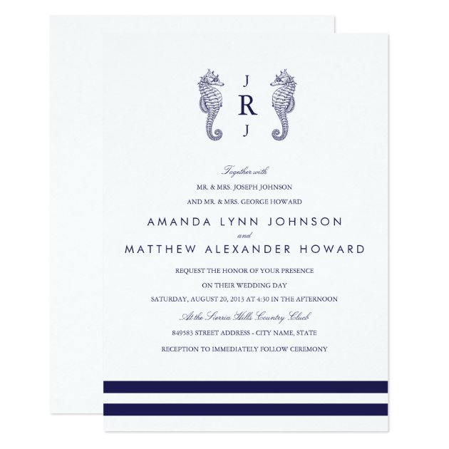 Nautical Navy Seahorse Wedding Invitation