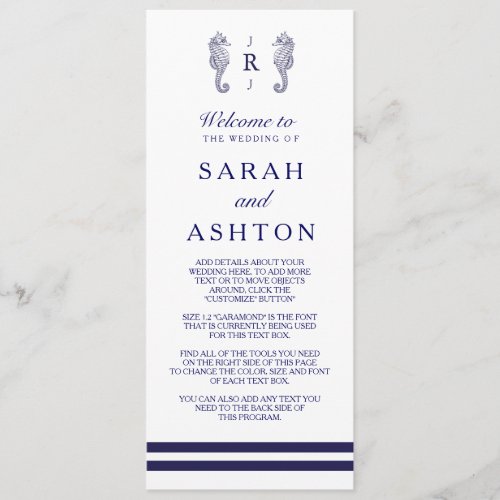 Nautical Navy Seahorse Wedding Program