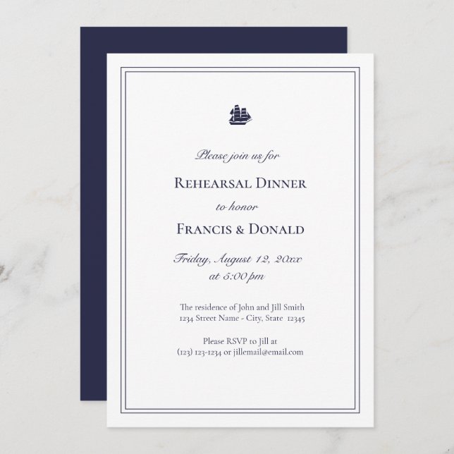 Nautical Navy Ship Rehearsal Dinner Invitations (Front/Back)