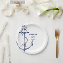 Nautical Navy Sketch Anchor Wedding Paper Plate