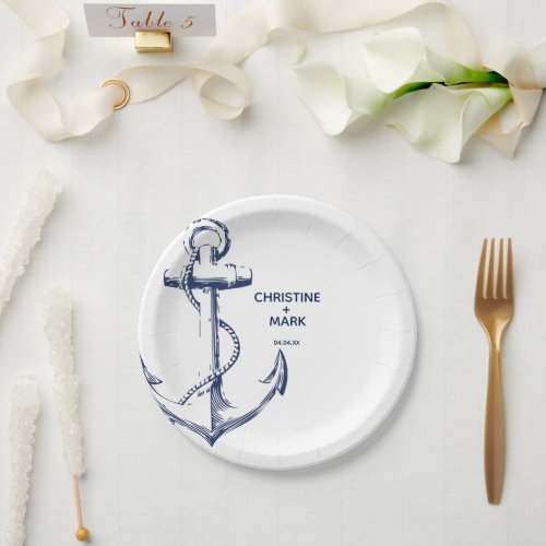 Nautical Navy Sketch Anchor Wedding Paper Plate