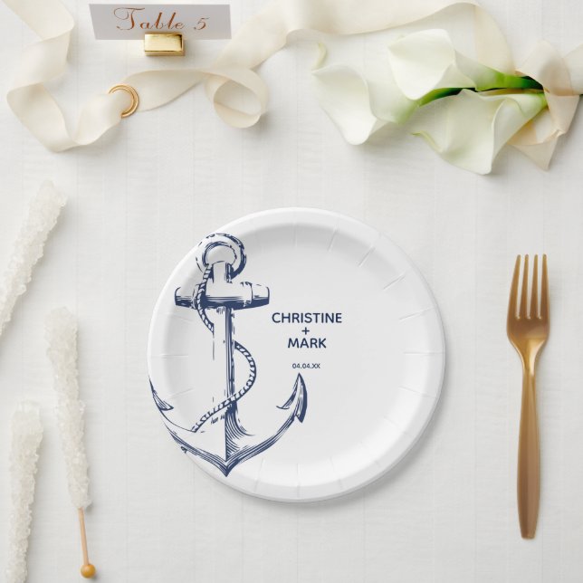Nautical Navy Sketch Anchor Wedding Paper Plate (Wedding)