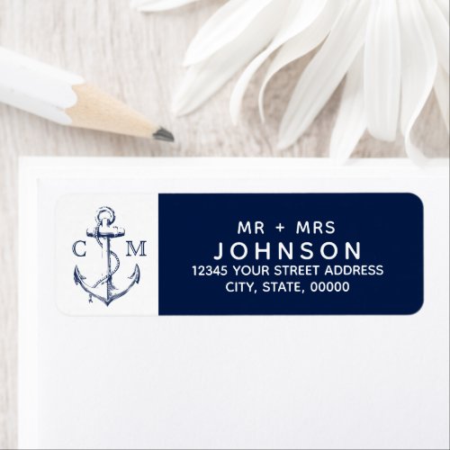 Nautical Navy Sketch Anchor White Monogram Label