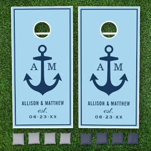 Nautical Navy Sky Blue Wedding Monogram Cornhole Set
